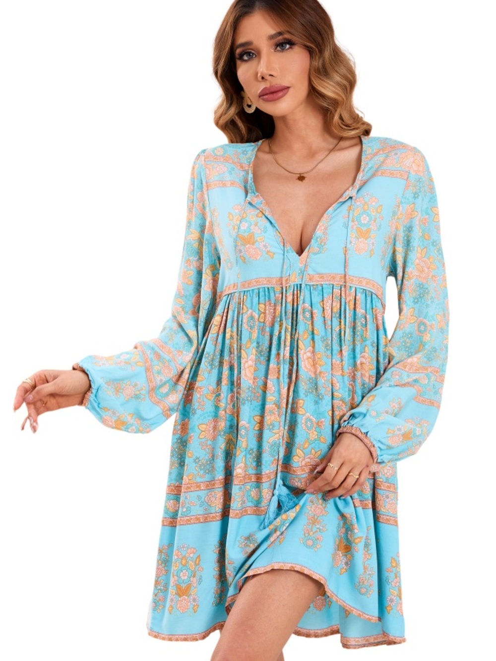 R.Vivimos Floral Boho Midi Dress Sz L 12/14 Peasant Tassel Tie Cottagecore VNeck
